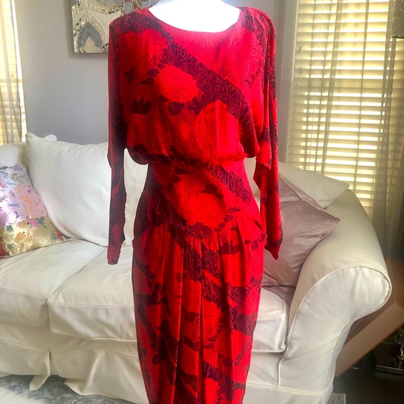 🤩 Vintage 80s/90s Tulip Midi Dress - Picture 1 of 3